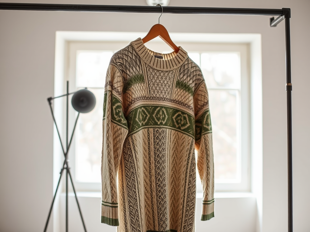 Beżowy sweter z zielonymi wzorami, wiszący na wieszaku, w jasnym pomieszczeniu przy oknie.
