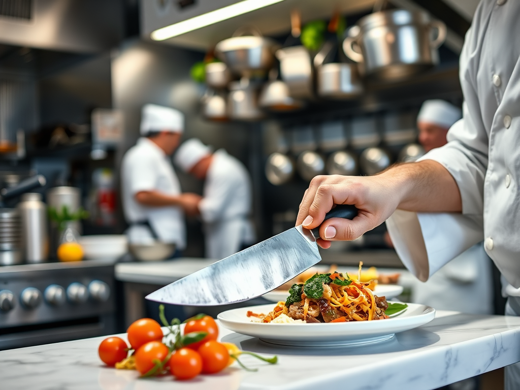 Kucharz przygotowuje potrawę w restauracyjnej kuchni, w tle inni kucharze pracują nad daniami.