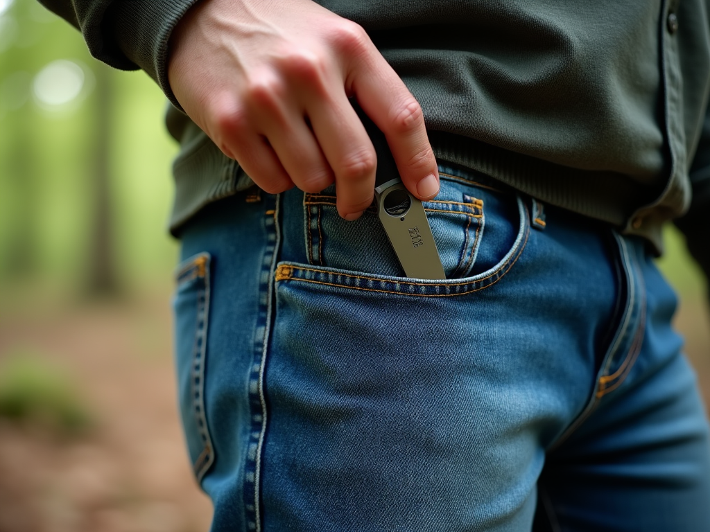 Osoba wkłada srebrny klucz USB do kieszeni jeansów na tle lasu.