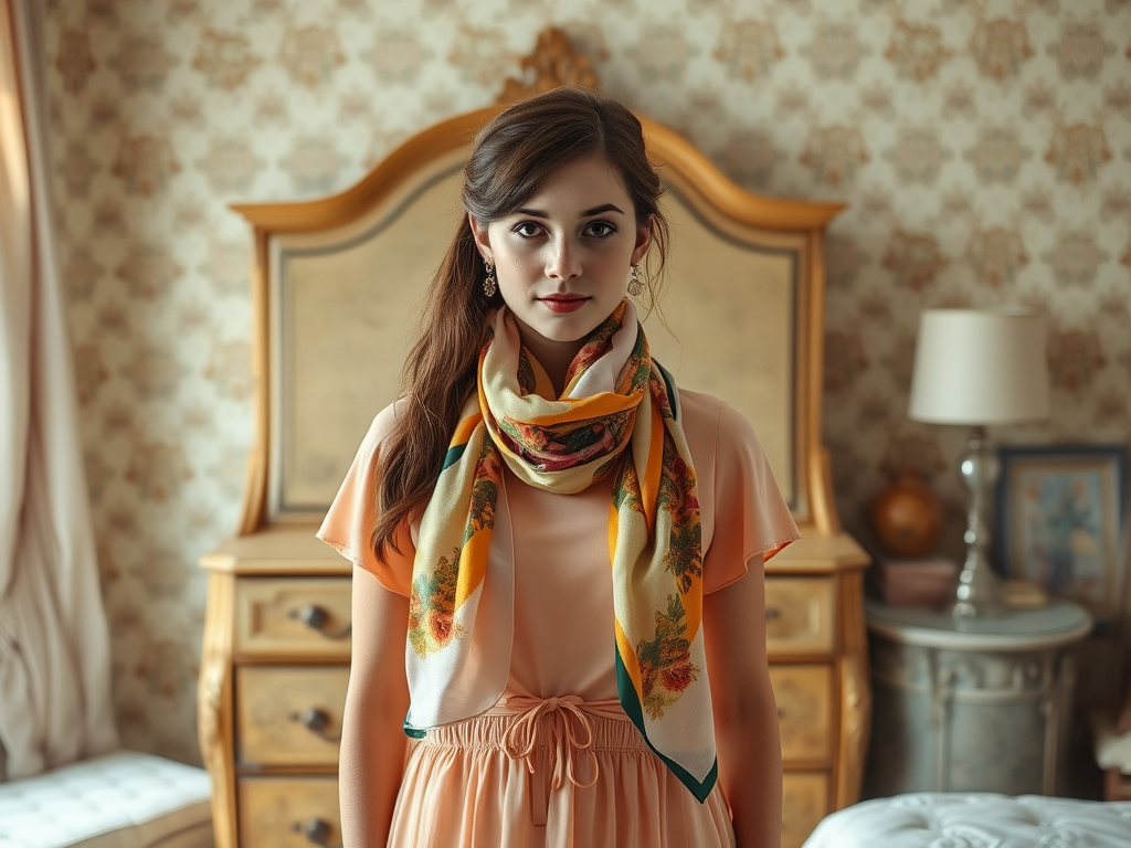 Młoda kobieta w eleganckiej bluzce i kolorowym szalu, stojąca w stylowym wnętrzu.