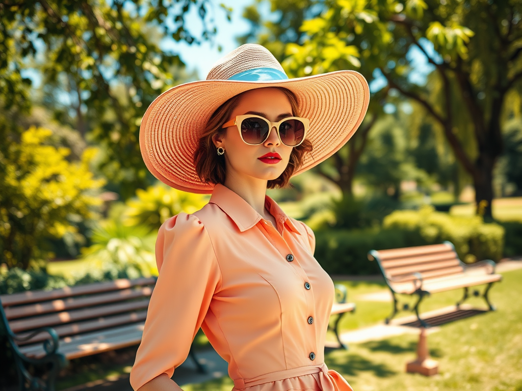 Kobieta w różowej sukience i dużym kapeluszu w parku, z okularami przeciwsłonecznymi i eleganckim wyglądem.