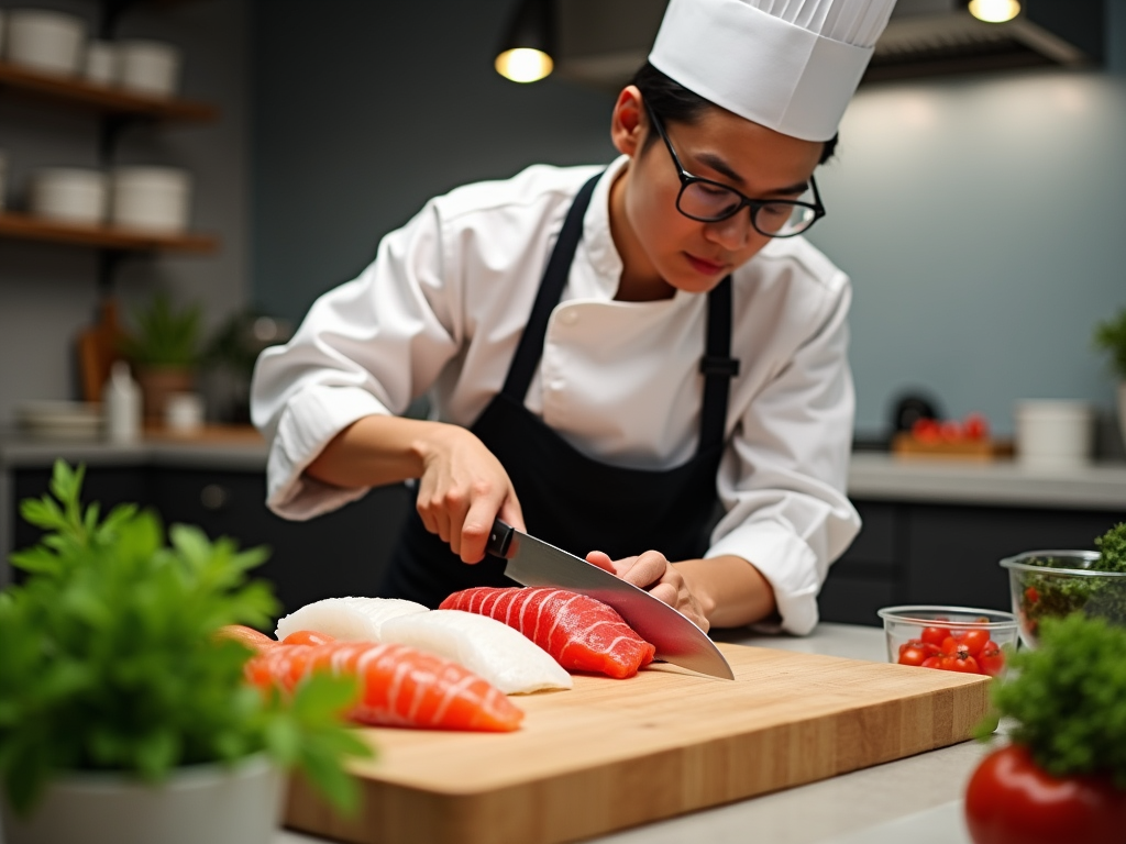 Szef kuchni w białym czapce i fartuchu kroi świeżego łososia na sushi w kuchni.